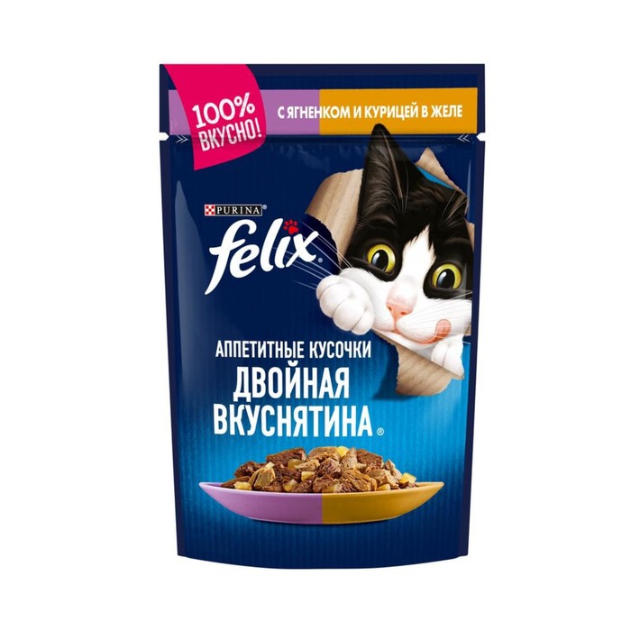 

Влажный корм для кошек FELIX Двойной вкус, ягненок и курица, 26шт по 85 г, Двойная вкуснятина