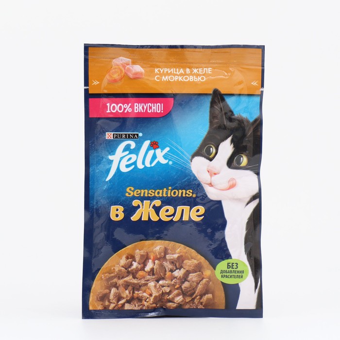 

Влажный корм для кошек FELIX Sensations, курица, морковь в желе, 26 шт по 75 г, Sensations
