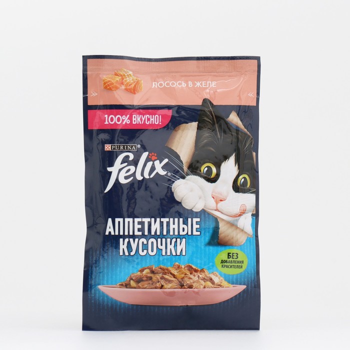 

Влажный корм для кошек FELIX Аппетитные кусочки, лосось в желе, 26 шт по 75 г, Аппетитные кусочки