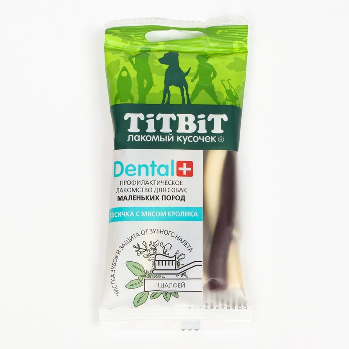 

Косичка с мясом для собак Titbit Дентал+ для маленьких пород, кролик, 42 г