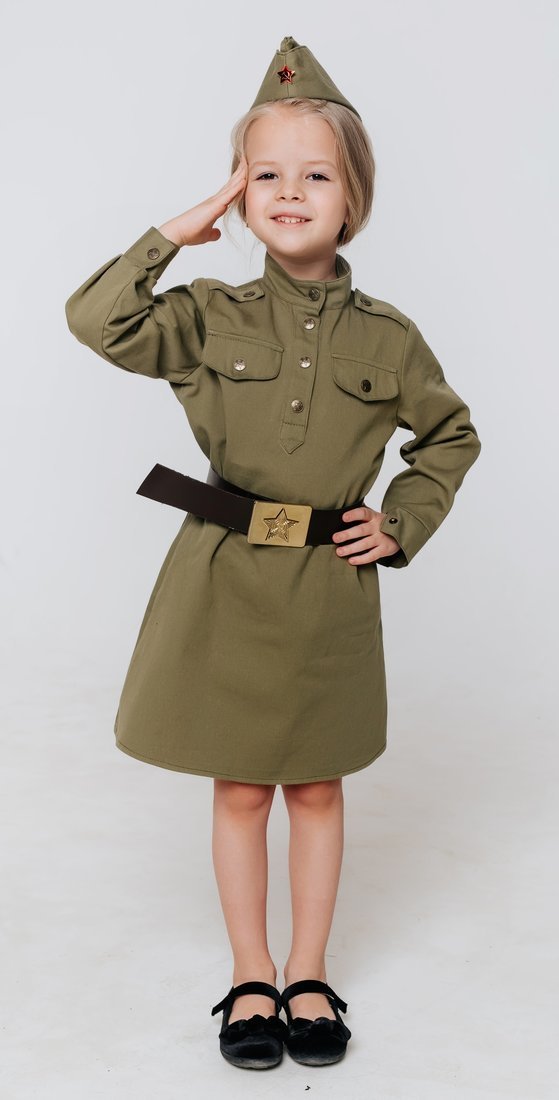фото Костюм солдатка: гимнастерка, юбка, пилотка, ремень, batik зеленый размер 122