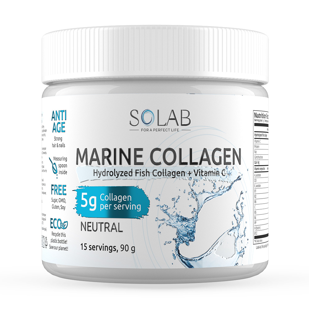 Коллаген SOLAB морской рыбный 2 типа с витамином С, порошок 90 г