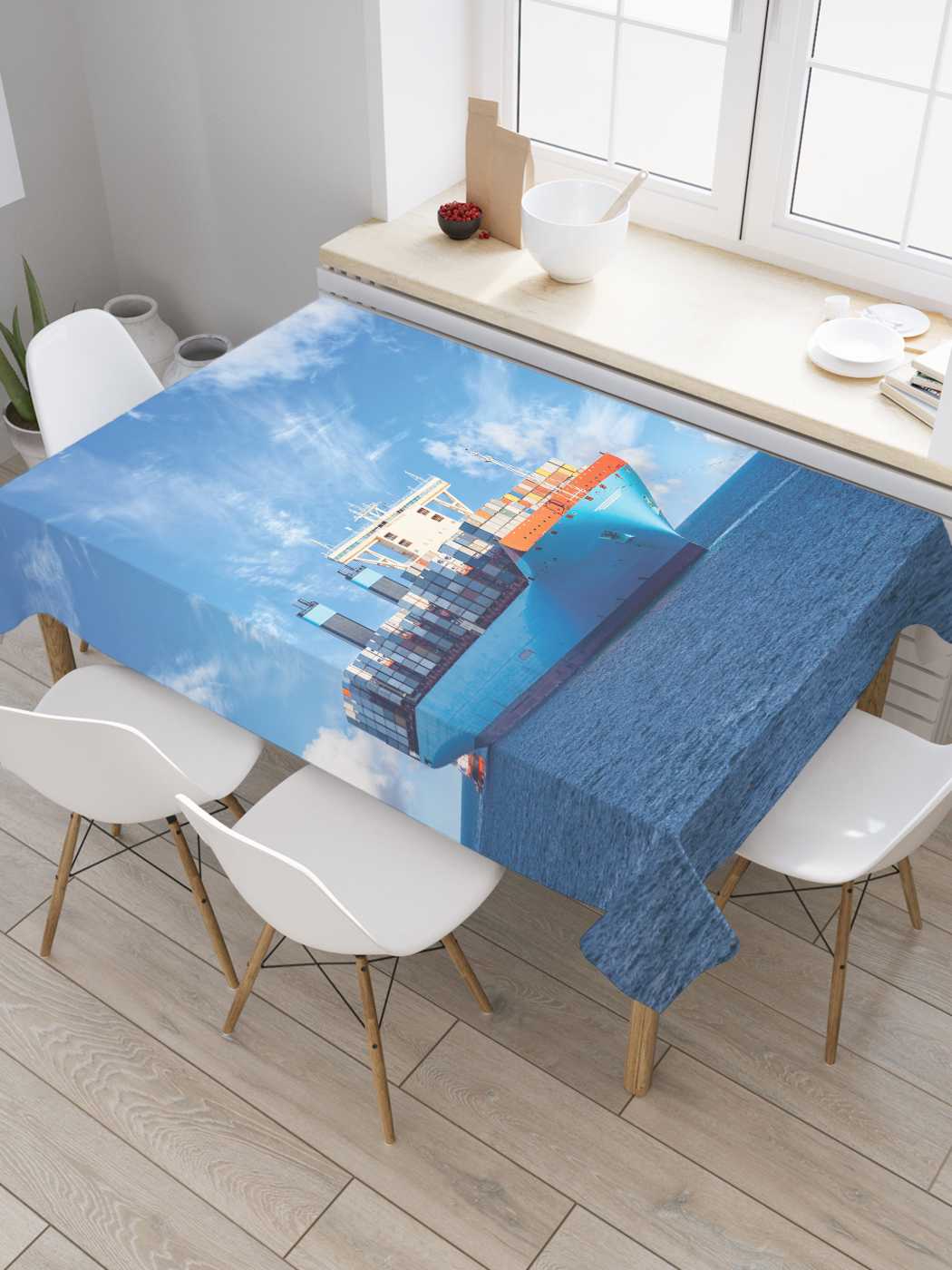 

Скатерть прямоугольная JoyArty "Сопровождение судна" из сатена, 180x145 см, Голубой, Сопровождение судна