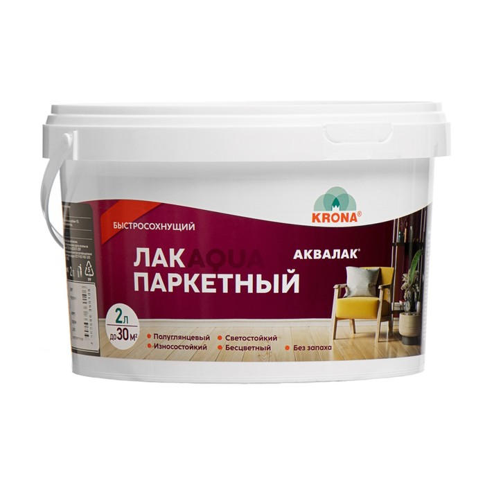 

Лак акриловый для деревянных полов и паркета Аквалак KRONA бесцветный 2 л, Прозрачный