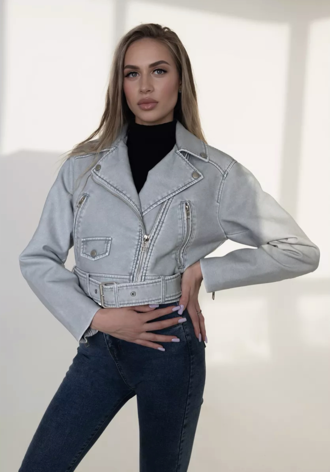

Кожаная куртка женская ELEGANT WOMEN. cos голубая 48-50 RU, Голубой, cos
