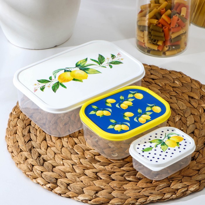 

Набор контейнеров пищевых Доляна "Лимоны", 3 шт: 150 мл, 500 мл, 1,2 л, прямоугольные, Прозрачный