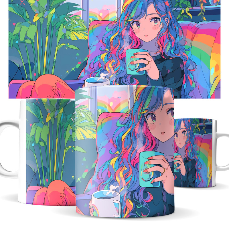Кружка КИЧ с принтом аниме радуга кофе девушка