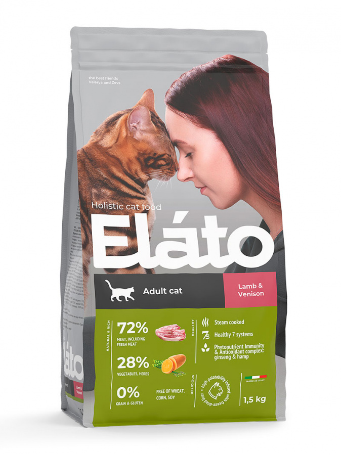 Сухой корм для кошек Elato, ягненок, оленина, 1,5кг
