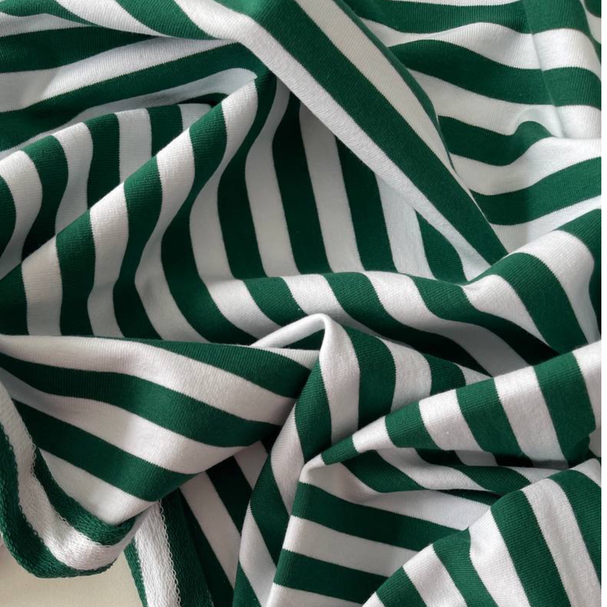 Ткань Футер 2-нитка Mamima fabric 07905 полоска темно-зеленая белая, отрез 100х176 см