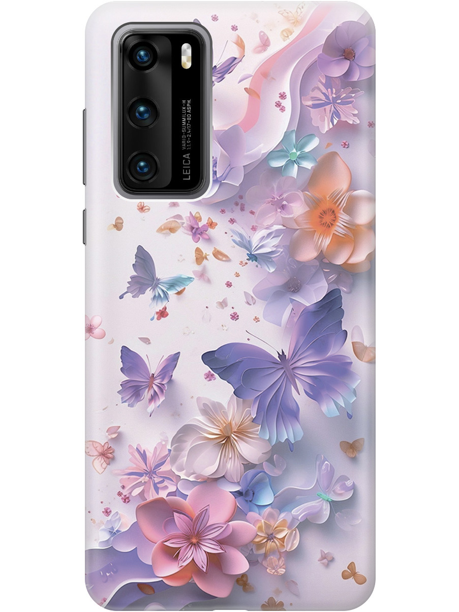 

Силиконовый чехол на Huawei P40 с принтом "Фиолетовые бабочки и бумажные цветы", Прозрачный;розовый;фиолетовый, 722839322