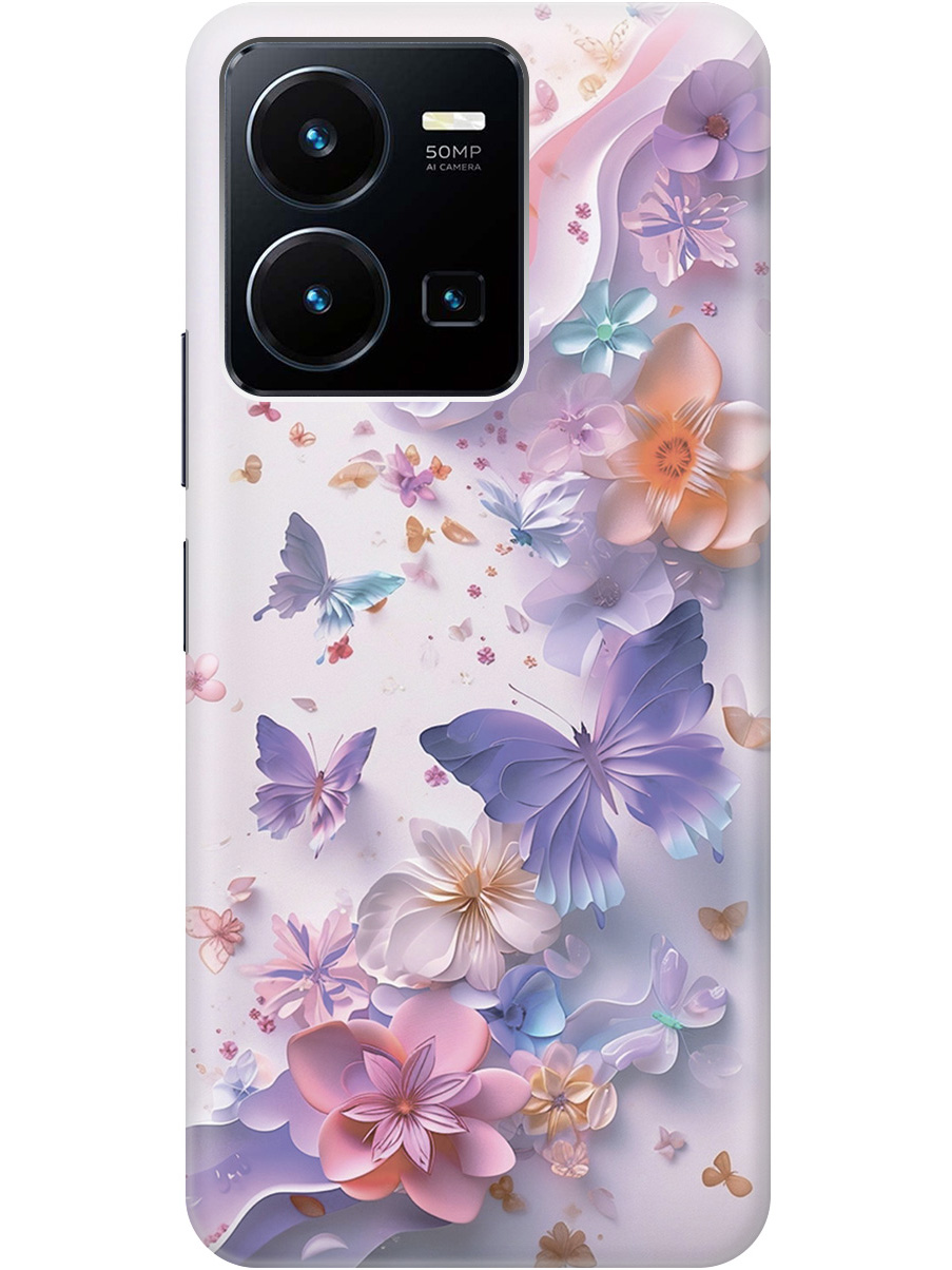 

Силиконовый чехол на Vivo Y35 с принтом "Фиолетовые бабочки и бумажные цветы", Прозрачный;розовый;фиолетовый, 743695022