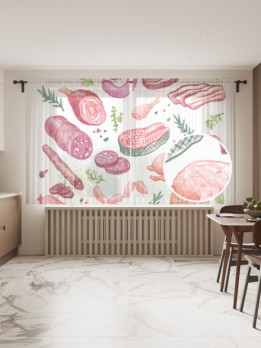 

Фототюль JoyArty "Мясная продукция", 145x180 см (2 полотна со шторной лентой + 50 крючков), Мясная продукция