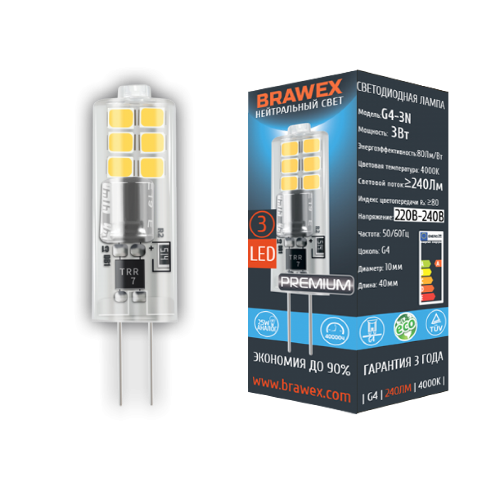 

Светодиодная лампа BRAWEX G4 3W 4000К G43N