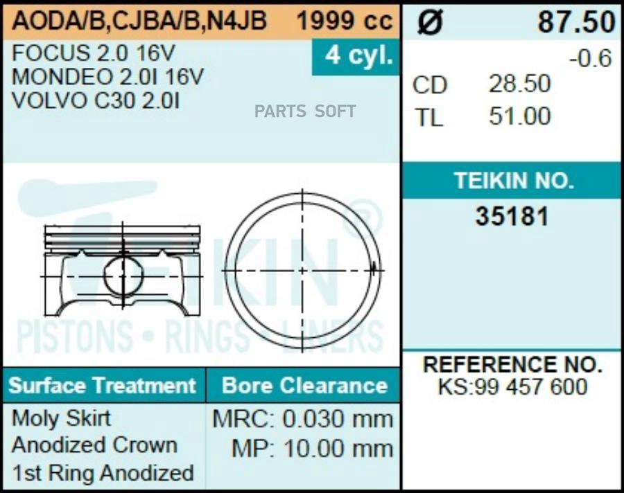 TEIKIN 35181 STD Поршни к-т 4 шт FORD FOCUS/S-MAX/MAZDA 3/6/5/VOLVO S40/S80 2,0 LF 03- 1шт