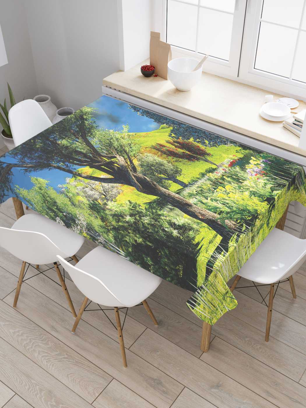 

Скатерть прямоугольная JoyArty "Летний пейзаж" из сатена, 180x145 см, Голубой, Летний пейзаж