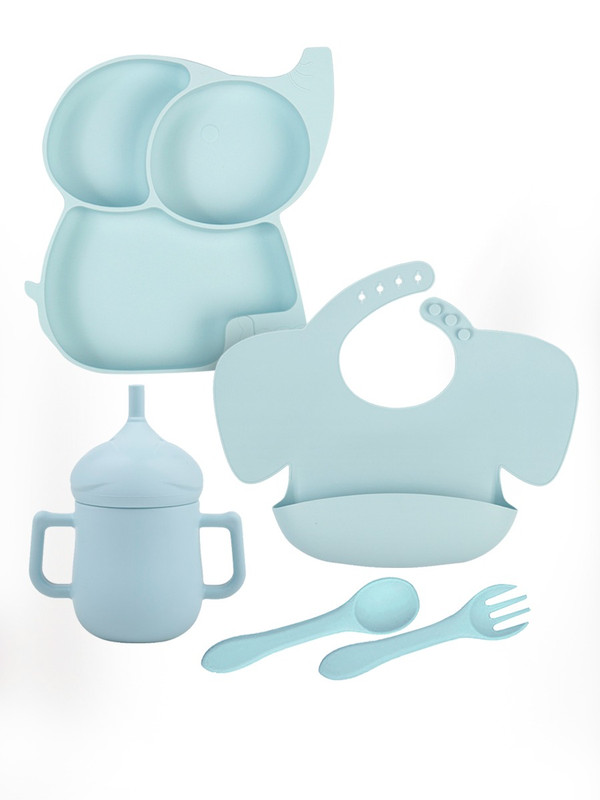 фото Набор для кормления aiden-kids тарелка, нагрудник, ложка, менажница, 001163_слон_голубой