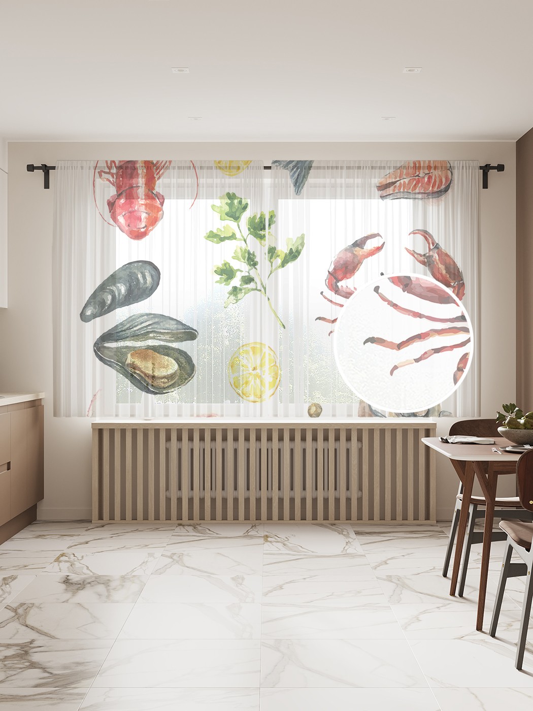 

Фототюль JoyArty "Морское разнообразие продуктов" 145x180см, 2 полотна, лента, 50 крючков, Морское разнообразие продуктов