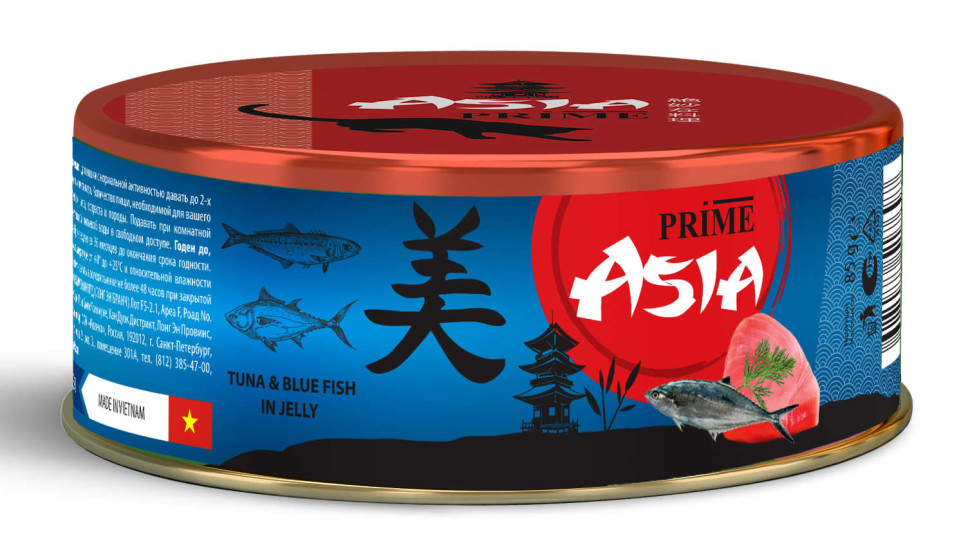 Консервы для кошек Prime Asia тунец сголубой рыбой в желе, 24шт по 85г