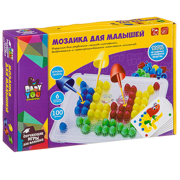 

Мозаика для малышей Bondibon, 6 картинок-шаблонов, 100 фишек, BOX