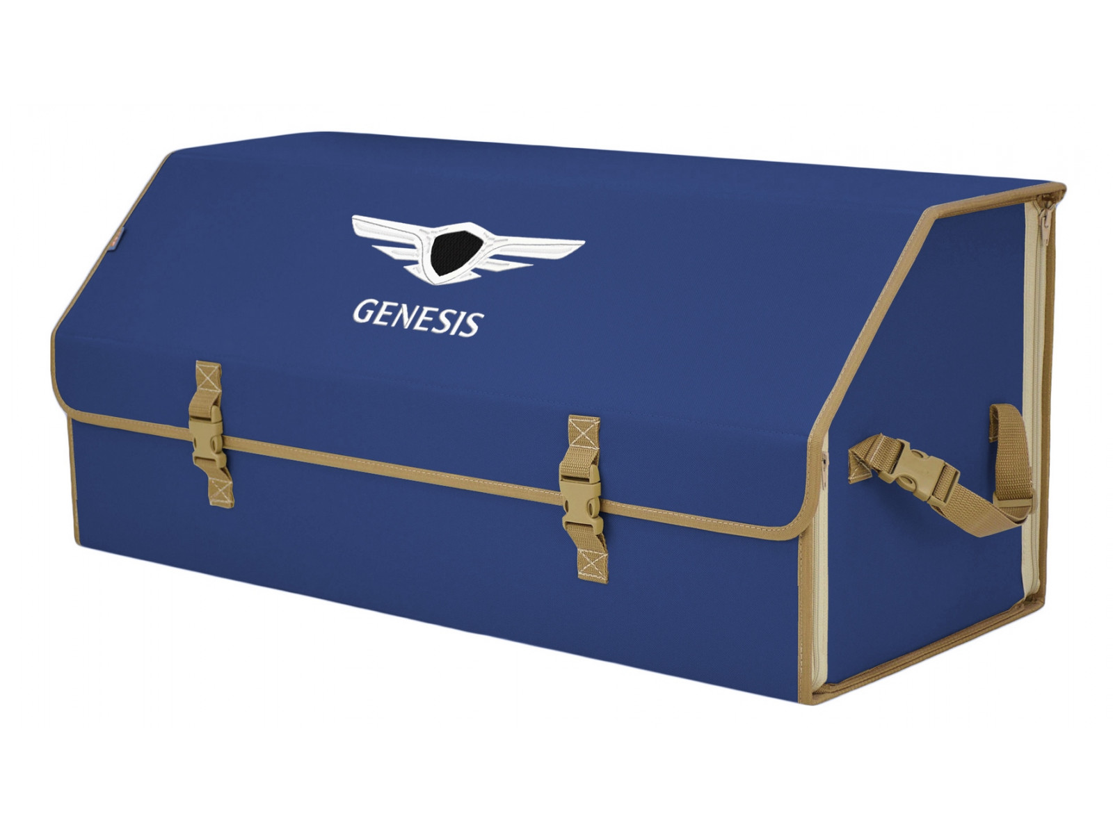 

Органайзер-саквояж в багажник "Союз" (размер XXL). Цвет: синий с бежевой окантовкой и выши