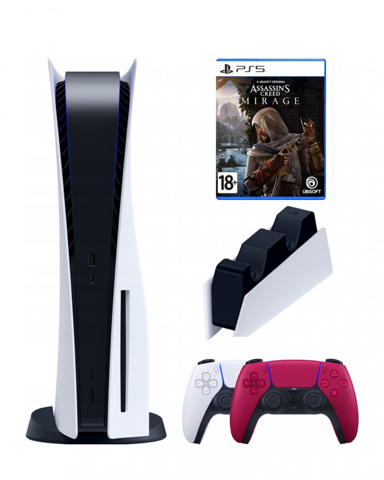 

Приставка Sony PlayStation 5+2-ой геймпад+зарядное(красный)+ Assassin's creed mirage, Белый;черный