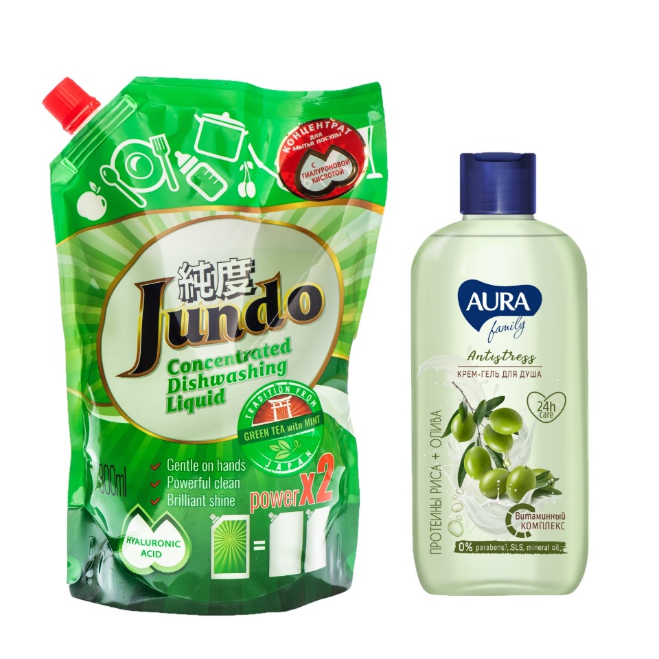 

Гель для мытья посуды Jundo Green tea with mint,800мл + Крем-гель AURA FAMILY 400мл