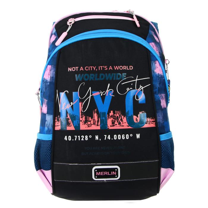 Рюкзак молодежный Across Merlin, эргоном спинка, 43 х 29 х 15 см, NYC, черн/синий/розовый