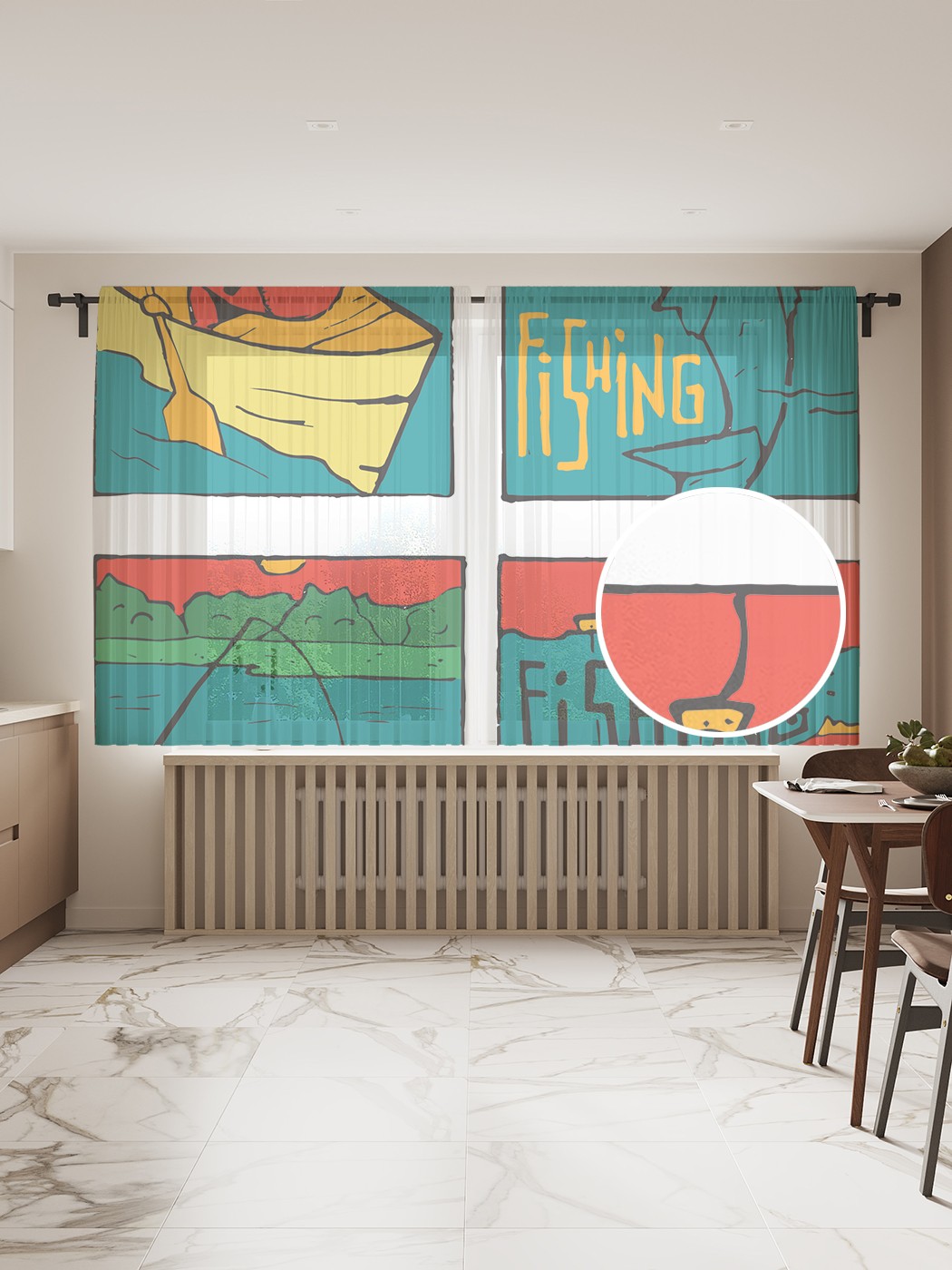 

Фототюль JoyArty "Рыбацкий комикс", 145x180 см (2 полотна со шторной лентой + 50 крючков), Рыбацкий комикс