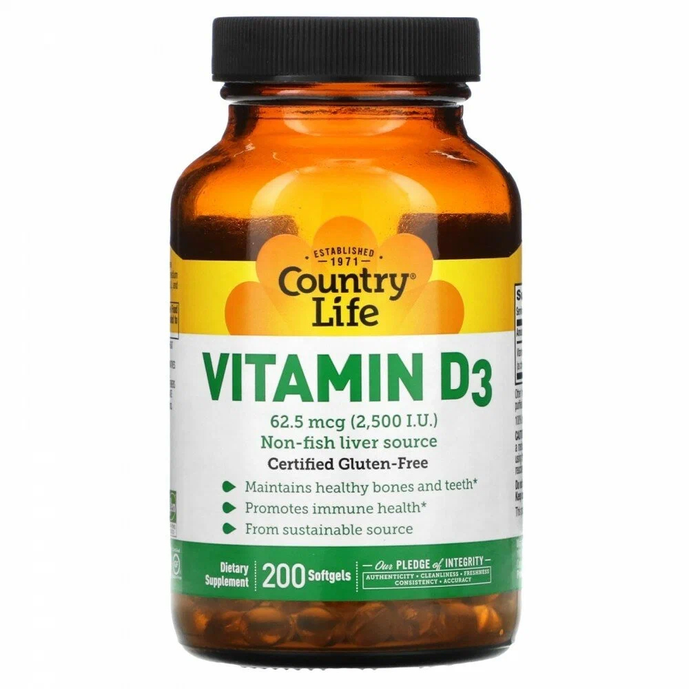 Витамин D3 Country Life Vitamin D3 2500МЕ 200 гелевых капсул
