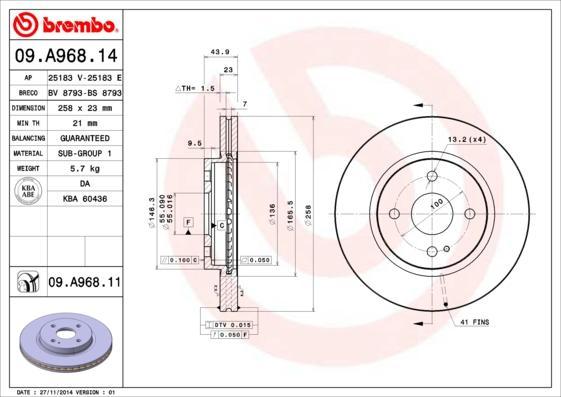 

Тормозной диск brembo передний для Mazda 2 2007- 09.A968.14