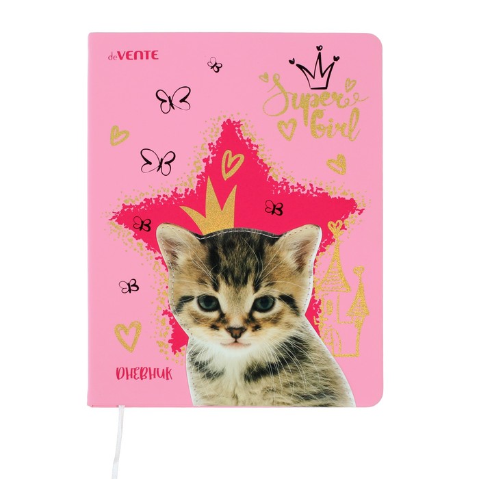

Дневник школьный для 1-11 класса, Cat Princess, тв обл, искусств кожа, блок 80 г/м2, ляссе, Розовый