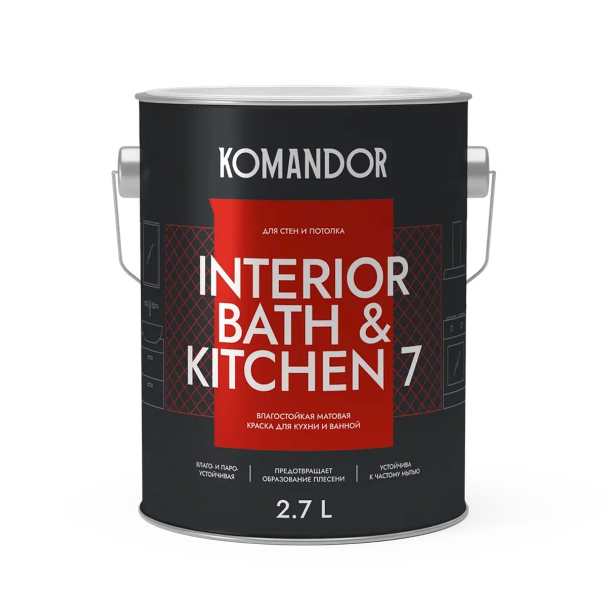 Краска интерьерная влагостойкая Komandor Interior Bath&Kitchen 7 мат. база С бесцв.,2,7