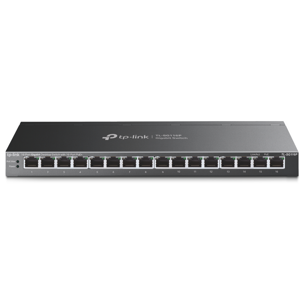 

Коммутатор TP-Link TL-SG116P настольный, с 16 гигабитными портами PoE+, TL-SG116P