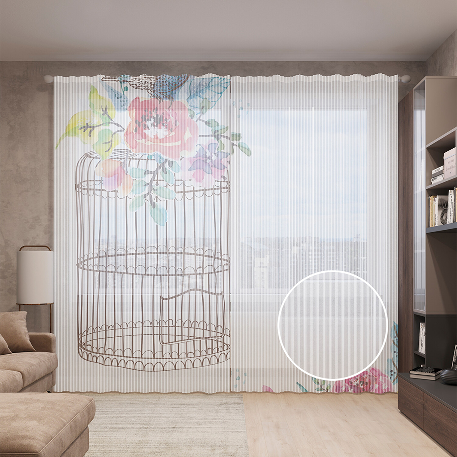 

Тюль вуаль на шторной ленте с принтом JoyArty "Птица на клетке", 310х265 см, Птица на клетке