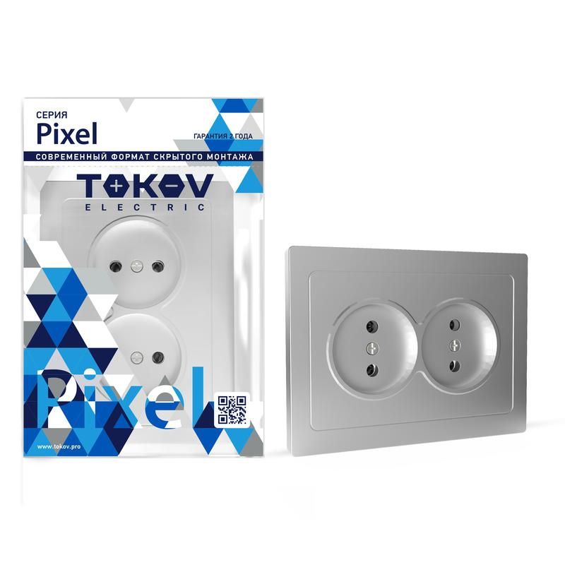 фото Розетка 2-м сп pixel 16а ip20 без заземл. в сборе алюм. tokov electric tke-px-r2f-c03