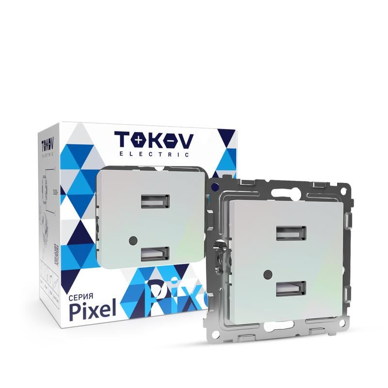 фото Розетка 2-м usb сп pixel тип a+a 5в 1х2.1а 2х1.05а механизм перламутр. tokov electric tke-