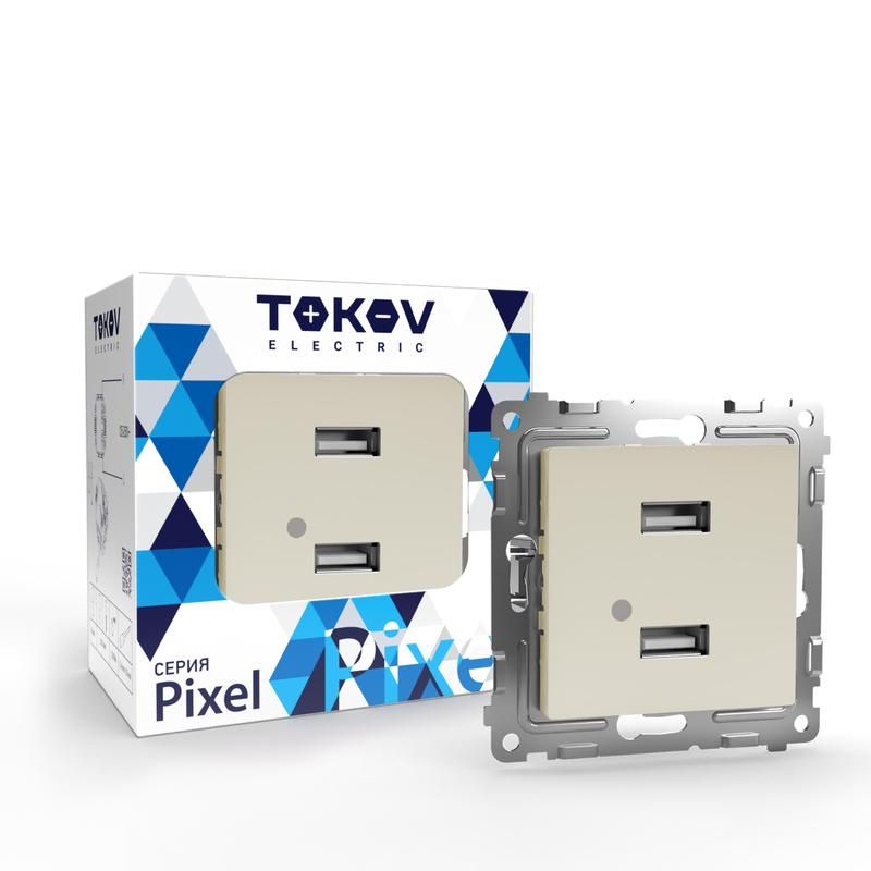 фото Розетка 2-м usb сп pixel тип a+a 5в 1х2.1а 2х1.05а механизм беж. tokov electric tke-px-2us