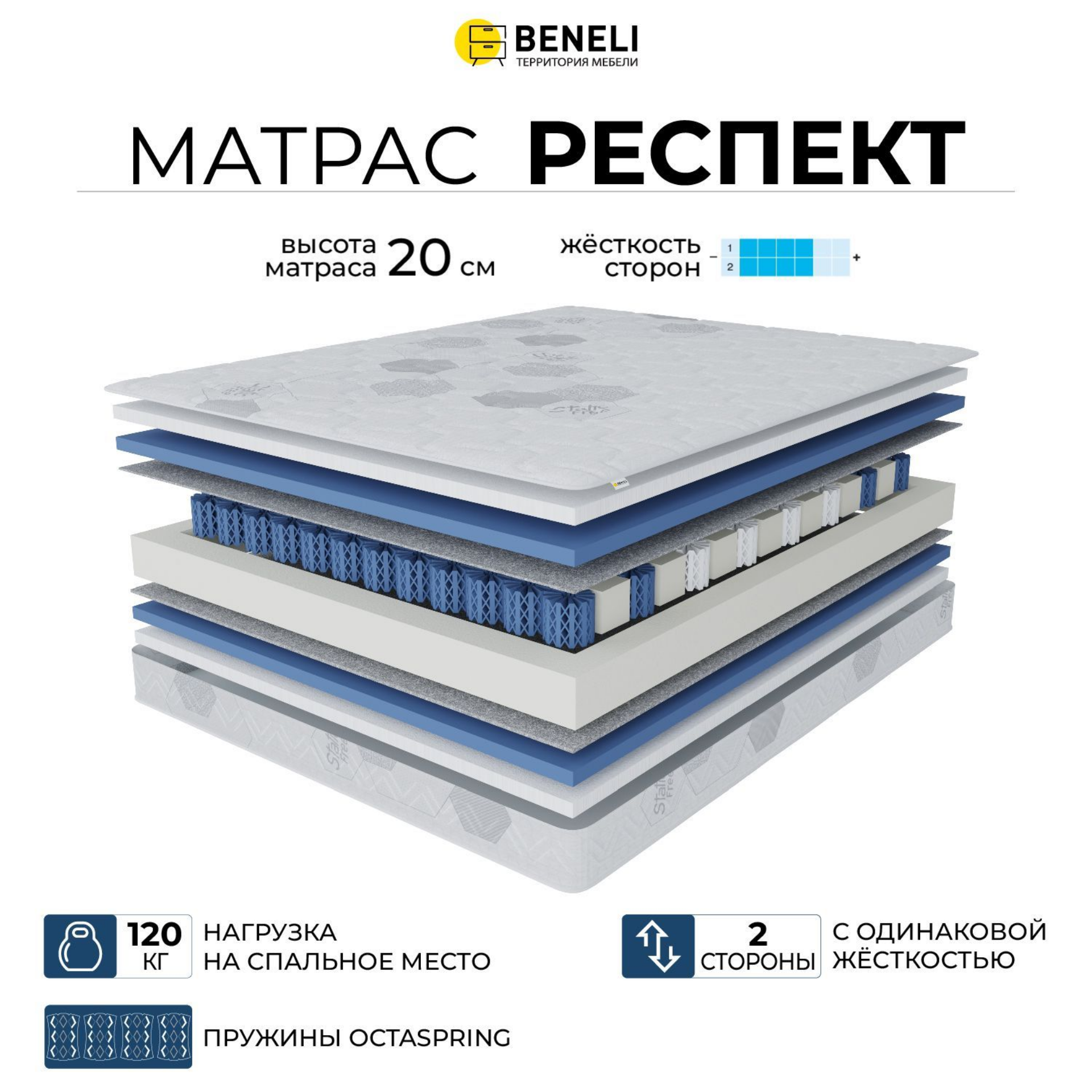 

Ортопедический матрас Beneli Респект, двусторонний, гипоаллергенный, 120х190, Серый, Респект