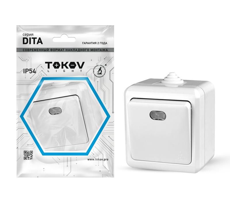 

Выключатель 1-кл. ОП Dita IP54 10А 250В с индикацией бел. TOKOV ELECTRIC TKL-DT-V1I-C01-IP, Белый