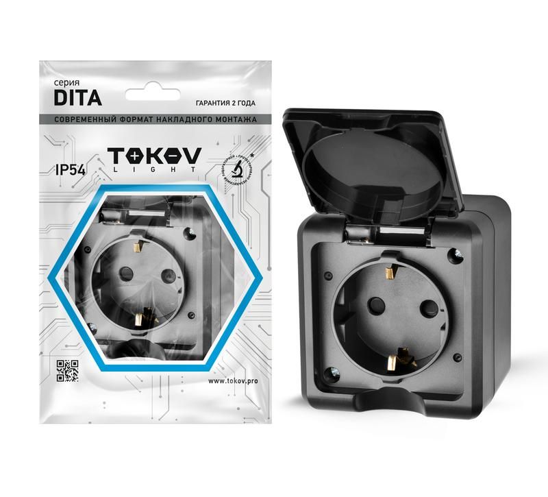 фото Розетка 1-м оп dita 16а ip54 250в с заземл. с крышкой карбон tokov electric tkl-dt-r1z-c14