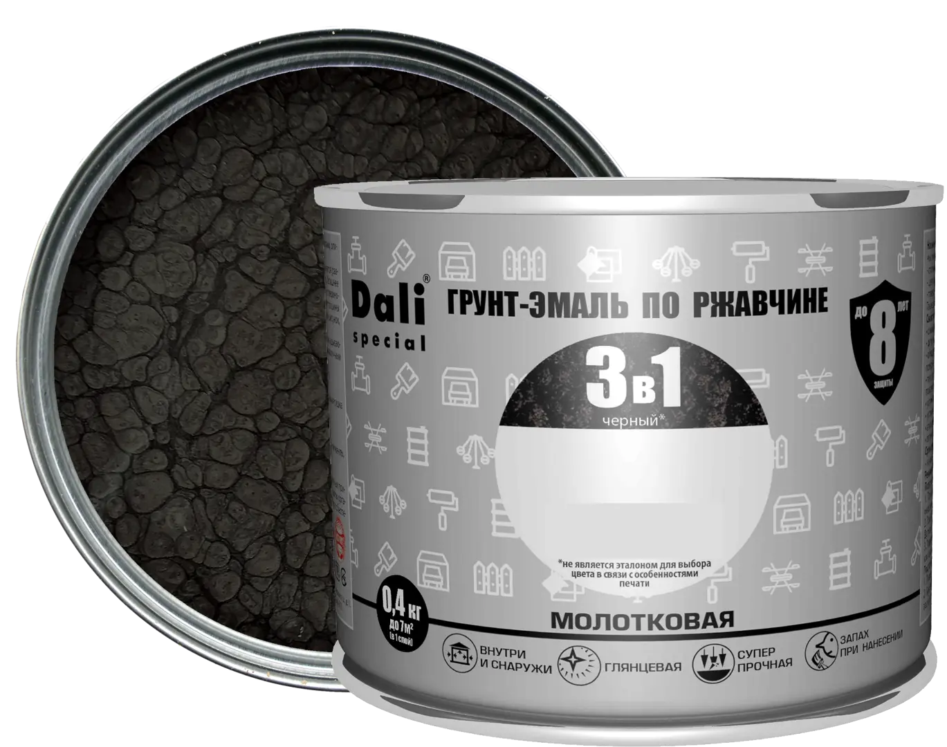 Грунт-эмаль по ржавчине 3 в 1 Dali Special молотковая цвет чёрный 0.4 кг банка для сыпучих продуктов dark 29×9×9 см чёрный