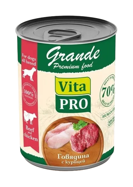 Влажный корм для собак Vita Pro Grande, говядина с курицей, 970 г, 12 шт