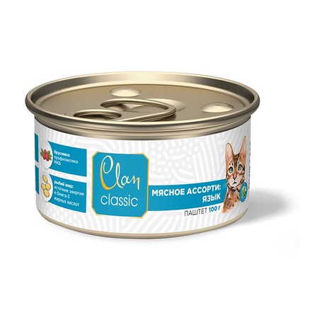 фото Влажный корм для кошек clan classic паштет мясное ассорти с языком, 100гр, 8 шт