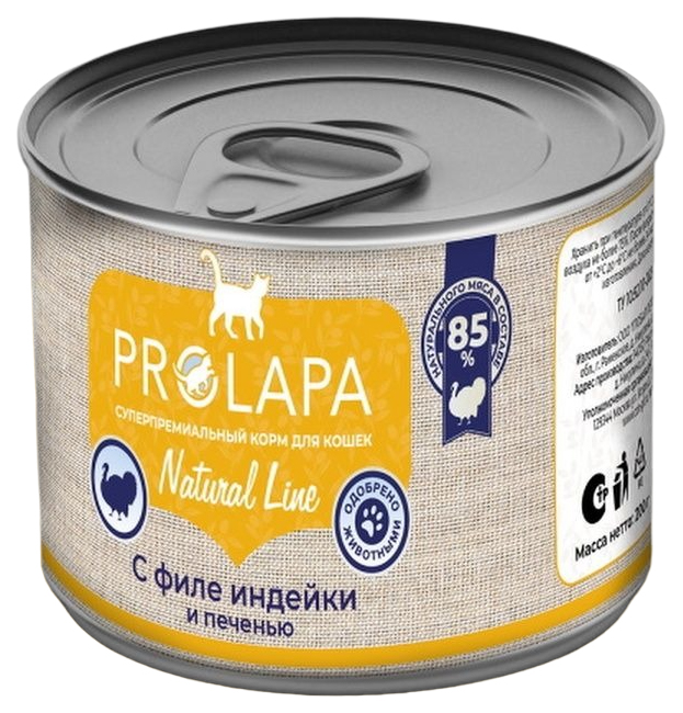 Влажный корм для кошек Prolapa Natural Line, с филе индейки и печенью, 200 г, 6 шт