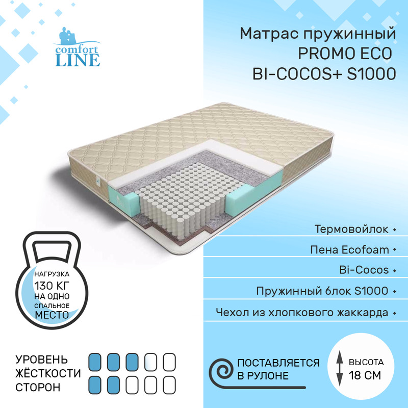 

Матрас пружинный Comfort Line Promo Eco Bi-Cocos+ s1000 145х180, высота 18 см, Promo Eco Bi-Cocos+ S1000