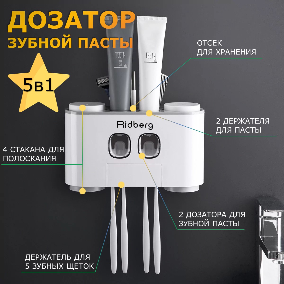 Дозатор для зубной пасты Ridberg настенный с держателем для щеток Gray