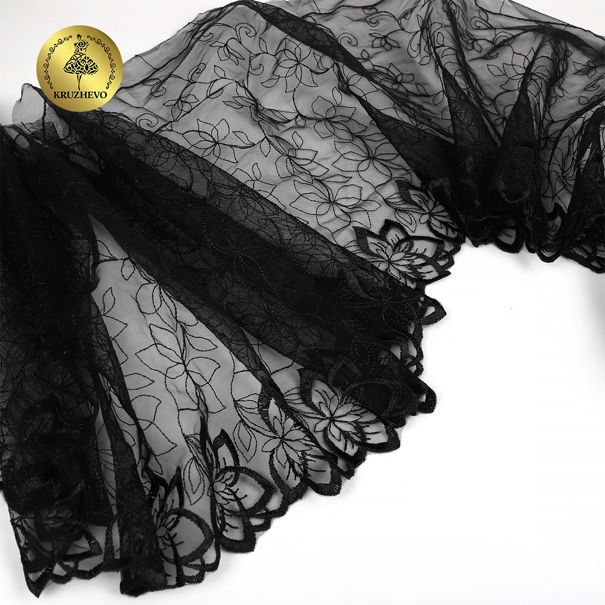 

Кружево вышивка на сетке KRUZHEVO шир.255мм цв.черный,правая уп.4,5м, 3050