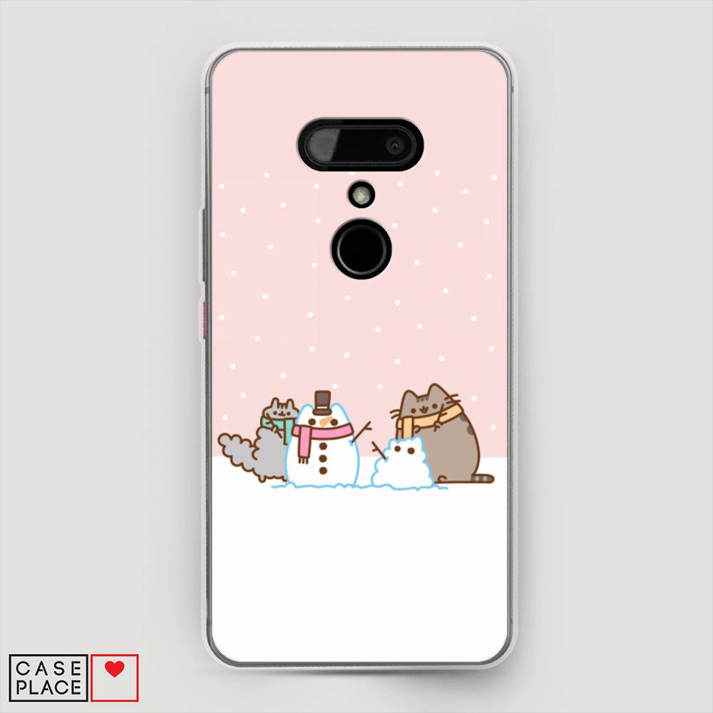 

Чехол на HTC U12 "Котики в снегу", Розовый;белый;серый, 102050-5