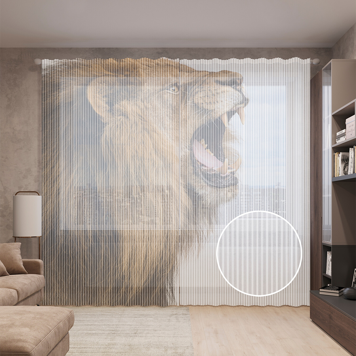 

Тюль вуаль на шторной ленте с принтом JoyArty "Львиный рык", 310х265 см, Львиный рык