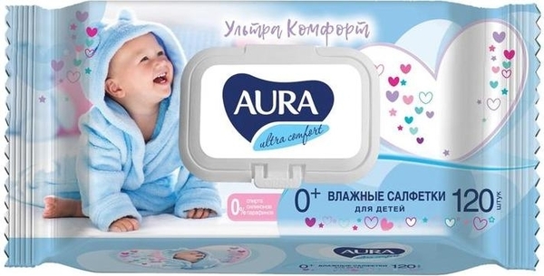 Детские влажные салфетки Aura Ultra Comfort с экстрактом алоэ и витамином Е 120 шт 612₽